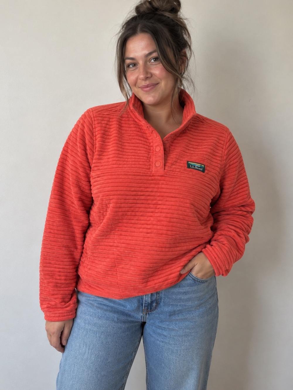 L.L.Bean XS Orange Ribbed Snap Pullover Gorpcore Coastal Hiking Outdoorsy